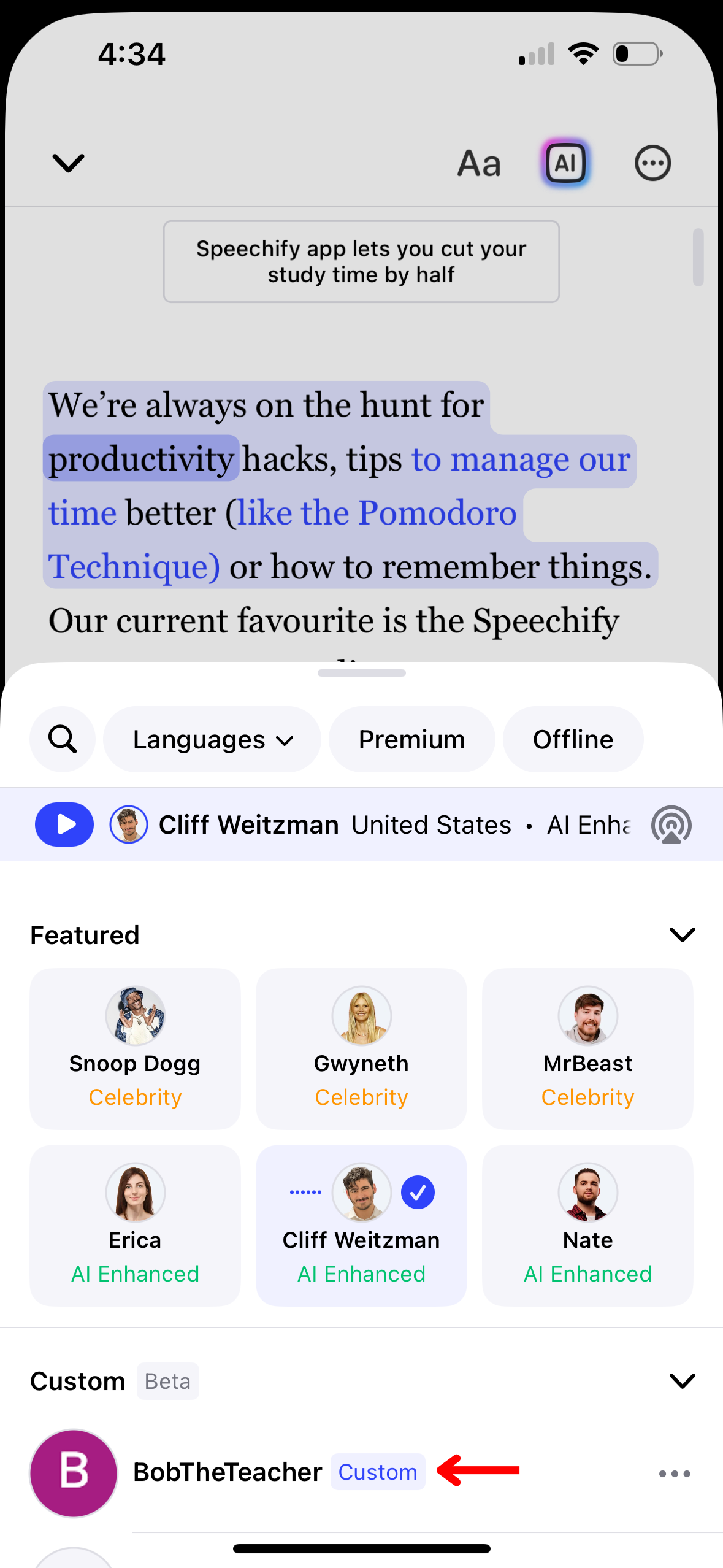 How to use a Custom Voice on Speechify iOS App